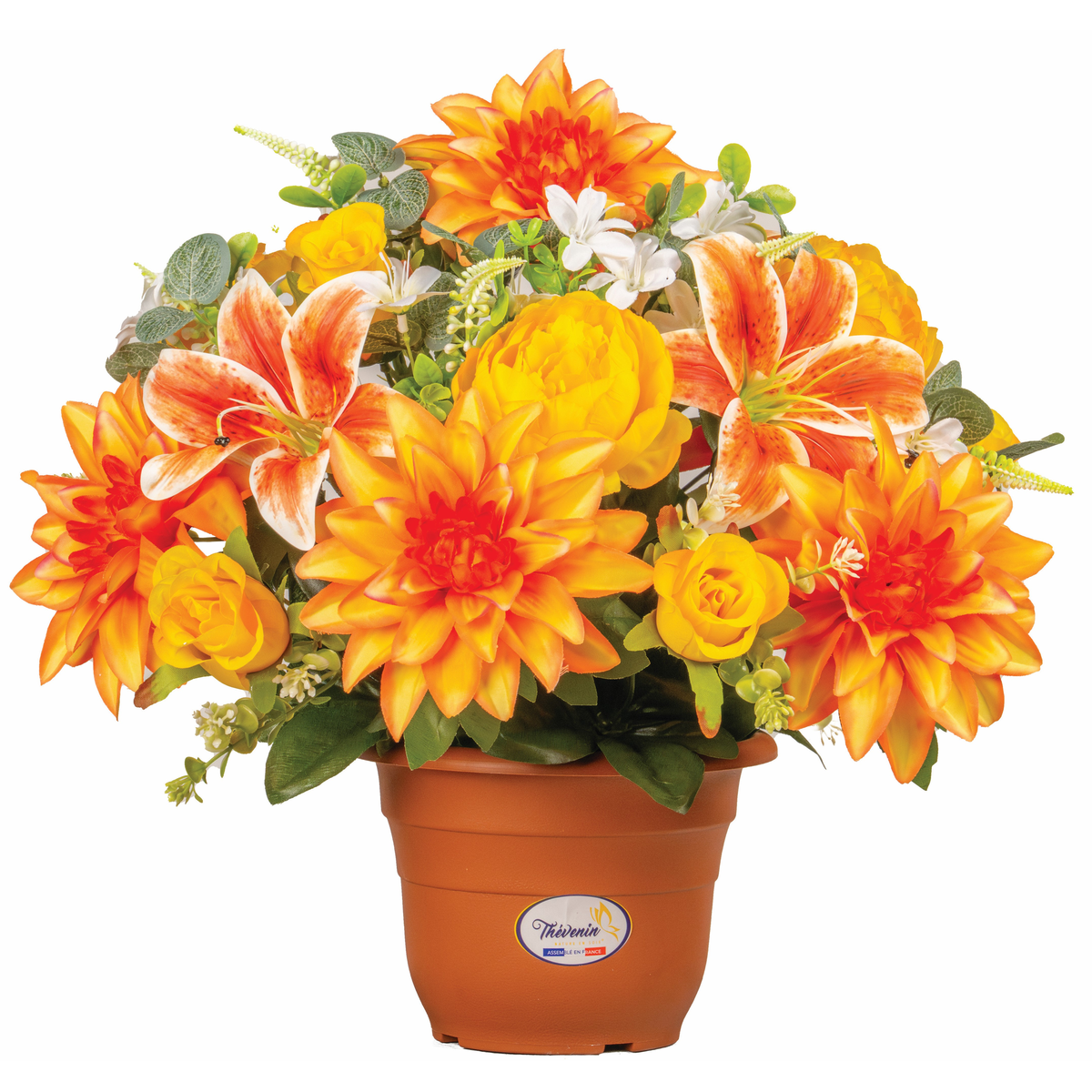 POT DE DAHLIAS RENONCULES ET BOUTONS