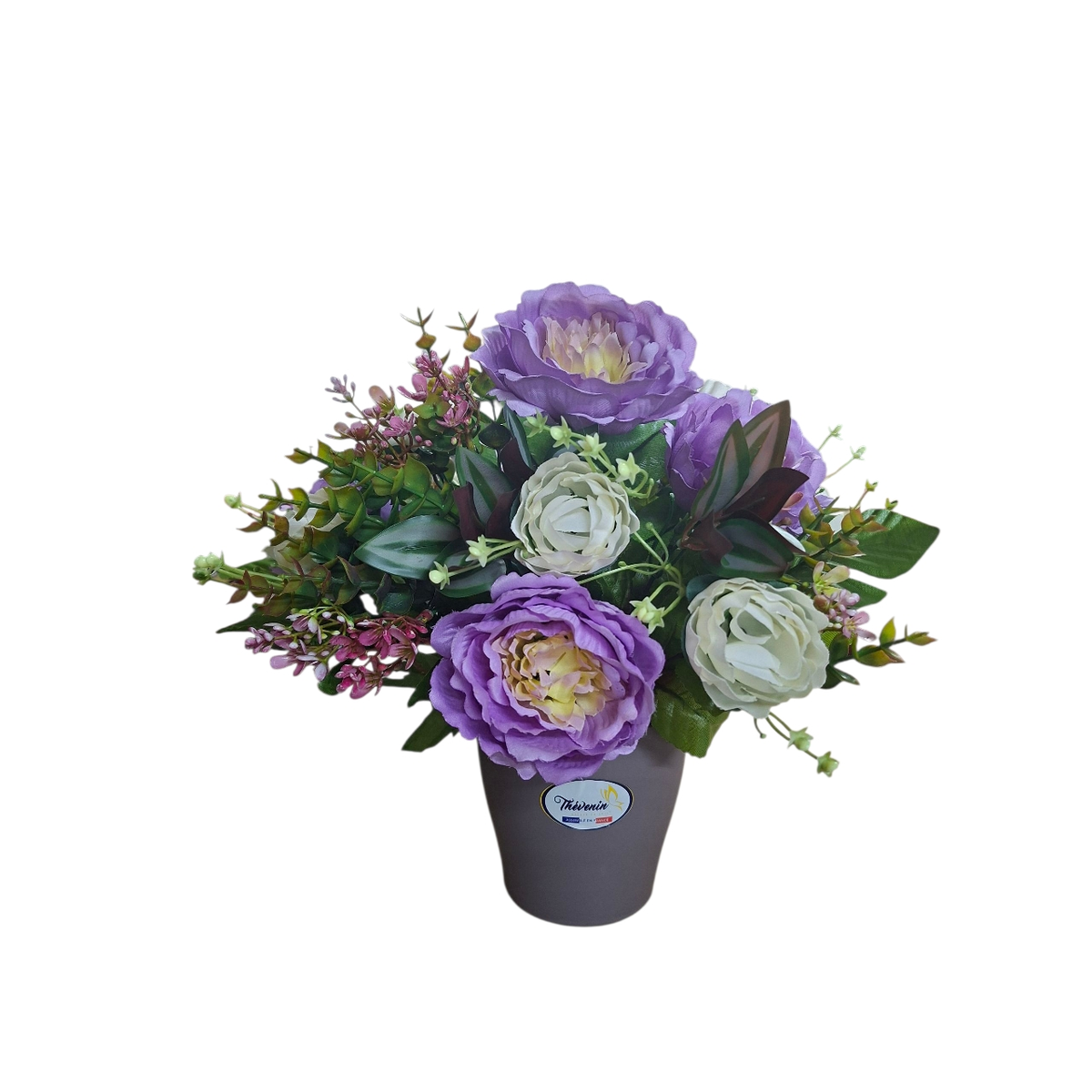 POT DE PIVOINES RENONCULES ET VERDURE EN EMBALLAGE FLEURISTE
