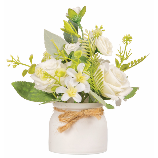 POT BLANC DE MINI ROSES ET FLEURETTES