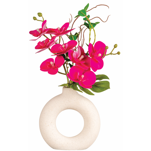 ORCHIDEE FUSHIA DANS SON VASE BLANC -